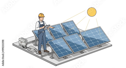 Engineer inspecting solar panels under sunlight on rooftop