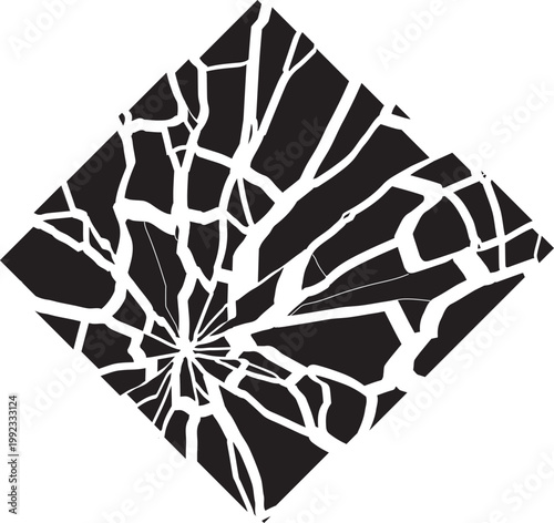 Shattered glass or fractured rhombus shape, broken black and white background with fragments and cracks, burst effect