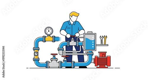 Cartoon plumber working on industrial pipe system with tools and gauge