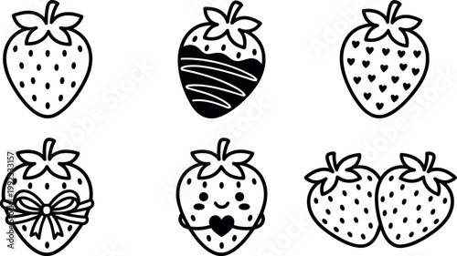 Fototapeta Black and white line art strawberry designs with hearts ribbons and smile