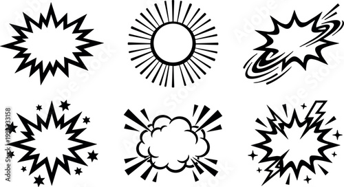Black and white comic bursts and explosion vector art set with stars and rays