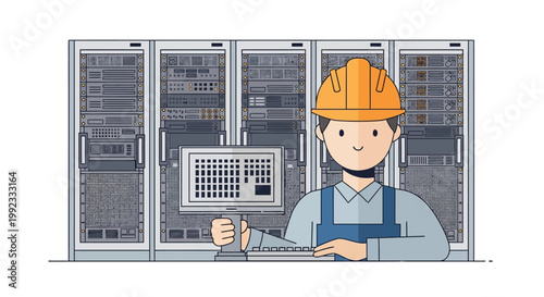 Illustration of an engineer working in a data center with servers