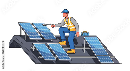Engineer installing solar panels on rooftop illustration