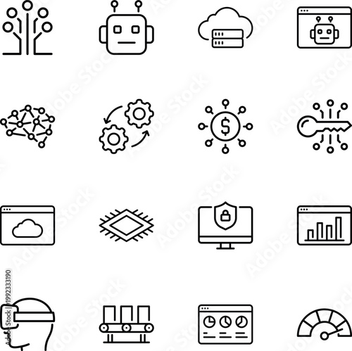 Technology icons artificial intelligence innovation symbols, brain, gears, money, key, cloud, robot, chip, computer, vr