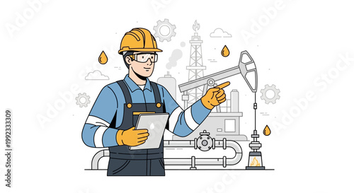 Engineer in safety gear inspecting oil rig with industrial background