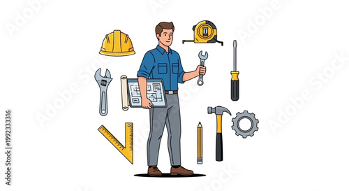 Illustration of male construction worker with tools and blueprints