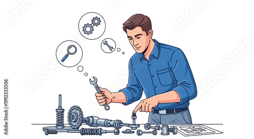 Young man assembling mechanical parts with tools and diagrams