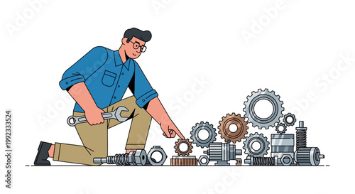 Man assembling mechanical gears in a vector illustration