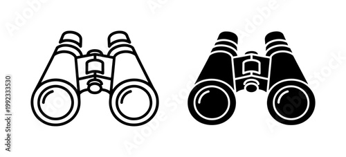 Binoculars icon set in outline and solid black style
