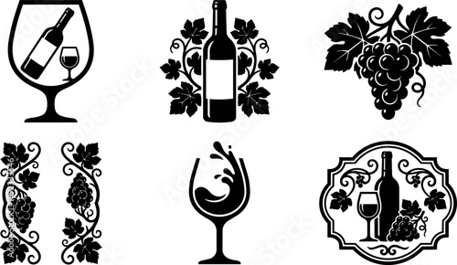Black and white wine bottle grapevine with glass splash vector art
