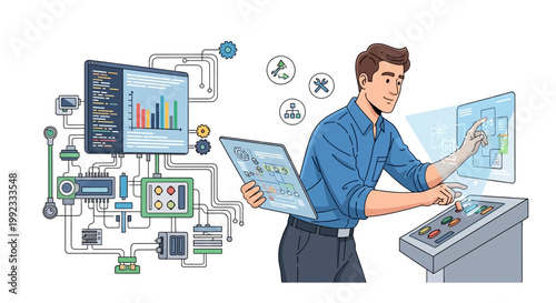 Engineer interacting with futuristic digital control panel in smart factory