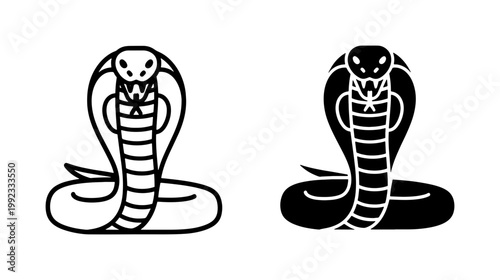 Cobra Snake Icon Set with Outline and Solid Black Silhouette