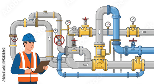 Engineer inspecting industrial pipeline system with valves and gauges