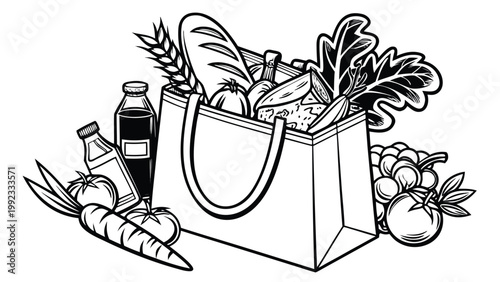Vector illustration of a shopping bag filled with fresh healthy groceries shopping vegetables monochrome