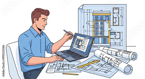 Architect designing building plans on laptop with blueprints in office
