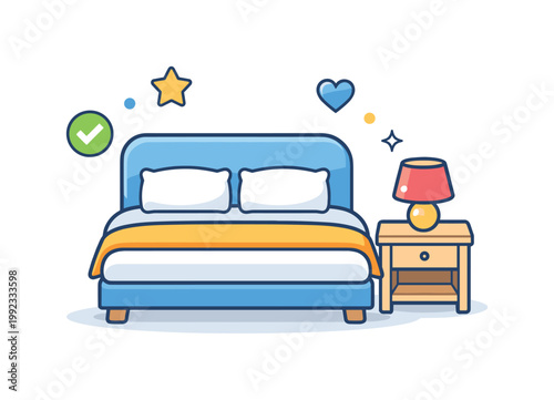 Furniture selection and home improvement in a modern consumer context focused on choosing essential items for living spaces, a bed paired with a small bedside table and a