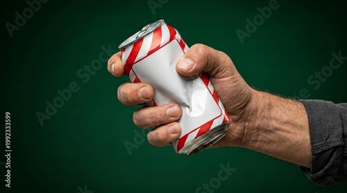 Man holding crushed aluminum can. Recycling concept with hand squeezing empty metal drink container. Waste management effort and environment conservation action against industrial pollution.