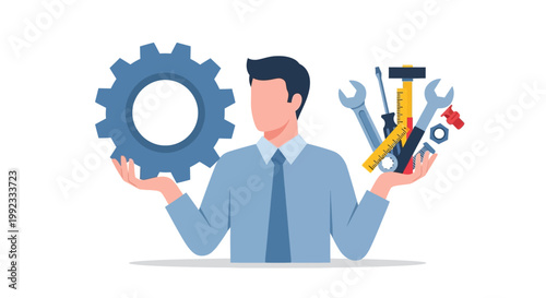 Businessman balancing gear and tools representing technical skills