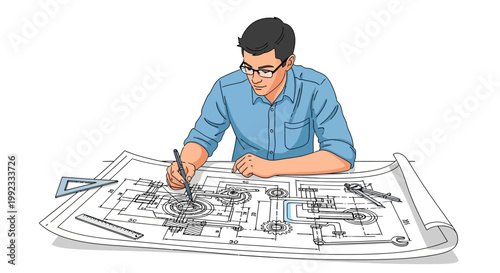 Engineer drafting technical blueprint with precision on large paper