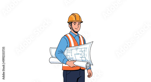 Construction worker holding architectural blueprints in safety gear