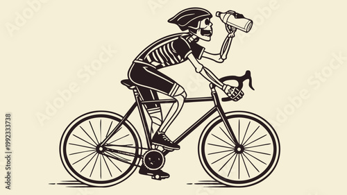 Vector illustration of a skeleton cycling in athletic gear drinking from a water bottle with skeleton