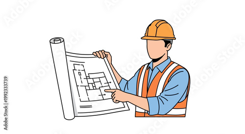 Construction worker examining architectural blueprint in vector illustration