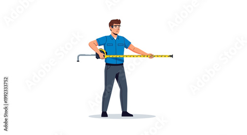 Cartoon man measuring with tape measure on white background