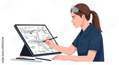 Female engineer designing aircraft on digital tablet with stylus