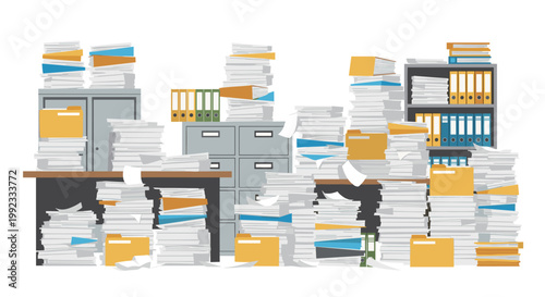 A chaotic office environment is filled with overwhelming mountains of white paper and numerous filing cabinets overflowing with yellow and blue document folders.