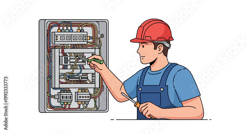 Electrician working on circuit breaker panel with tools