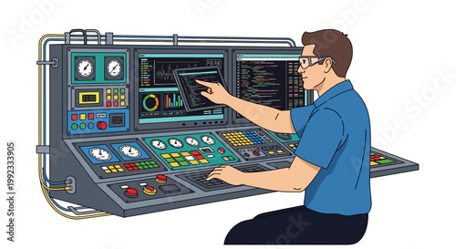 Technician operating advanced control panel with digital displays