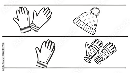 Vector illustration of winter accessories including gloves and hats with clothing accessory illustration