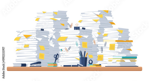 Several tall stacks of white paper adorned with yellow sticky notes and blue paperclips sit on a wooden desk alongside various professional office supplies.