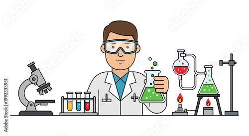 Scientist conducting experiment with lab equipment and chemical reactions