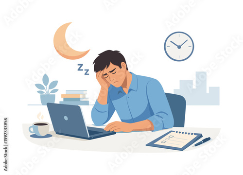Sleep fatigue and low energy scenario where an individual struggles with tiredness and reduced focus during daily activities in a modern lifestyle context, symbolized by