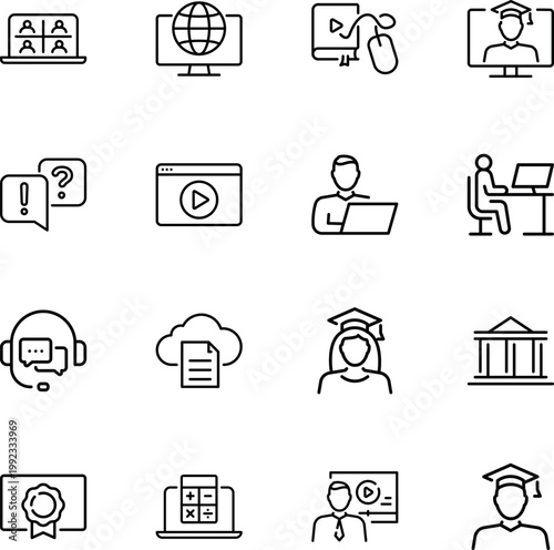 Virtual online education classroom remote student teaching icons, laptop, monitor, graduation cap, headphones, cloud, certificate, university