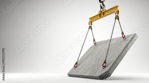 Crane lifting concrete slab with steel chain. Construction site heavy load transportation. Industrial equipment for building base and architecture development. Professional lifting gear.