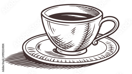 Vector illustration of a steaming coffee cup and saucer line drawing with beverage caffeine illustration