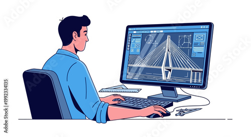 Engineer designing bridge structure using CAD software on desktop computer
