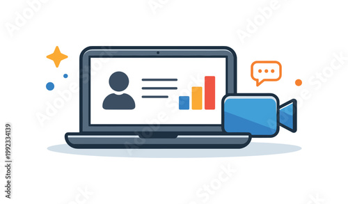 Online presentation scenario focused on delivering information remotely to a distributed audience through digital platforms, a laptop with a simple presentation screen