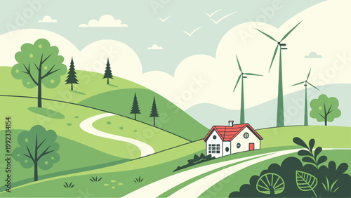 Vector illustration of a green energy landscape with wind turbines landscape turbines sustainable