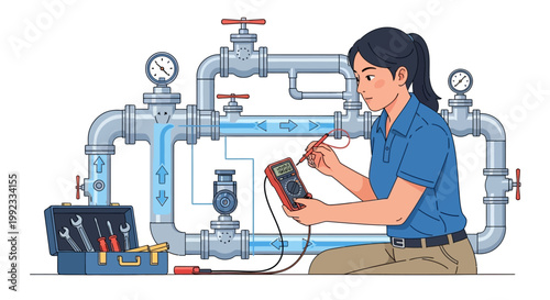 Female technician inspecting industrial pipes with multimeter in workshop