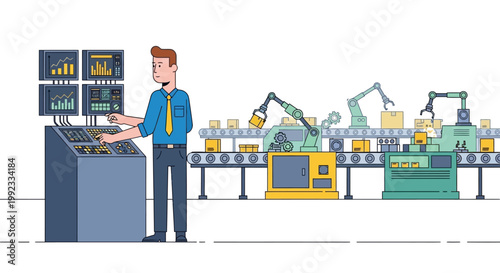 Engineer operating automated robotics in modern industrial factory