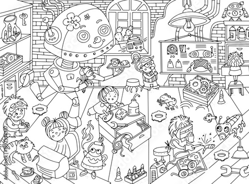 Kids educational vector coloring page featuring busy robot workshop with children and cat. Complex hidden object scene displays diverse robots technical tools and mechanical blueprints creating
