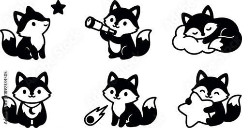 Black and white cartoon foxes with star telescope and comet vector art