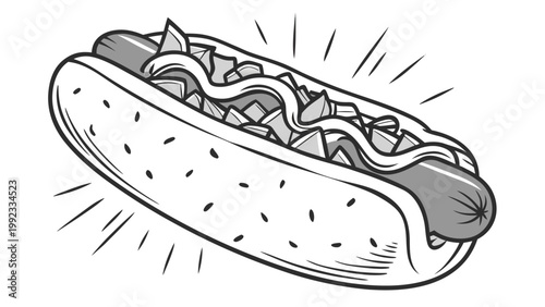 Vector illustration of appetizing hot dog on bun with fastfood streetfood junkfood culinary appetizing