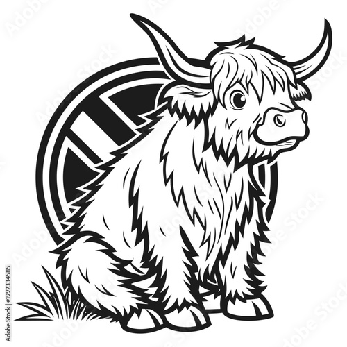 Vector illustration of a cute hairy scottish highland cattle in a round frame with highland, livestock