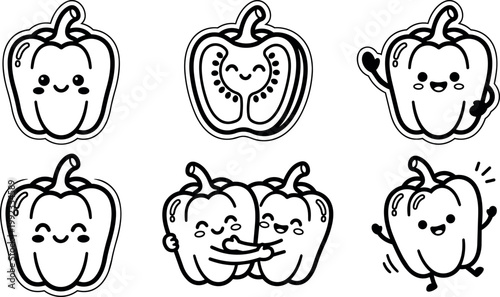 Black and white cute happy bell pepper characters hugging dancing smiling