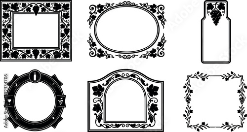 Black and white grapevine frame and label vector art set with ornamental leaves