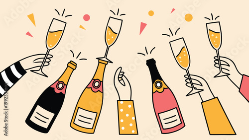 Vector illustration of festive celebration with champagne bottles and wine glasses celebration champagne